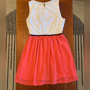 Francesca’s pink and white, color-block mid-length dress